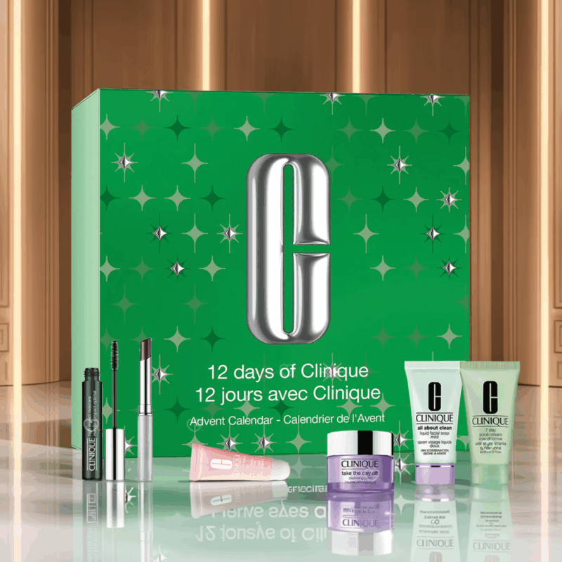 Calendrier de l’Avent Clinique 2025 contenant 12 produits beauté soins visage et maquillage, coffret beauté pour femme