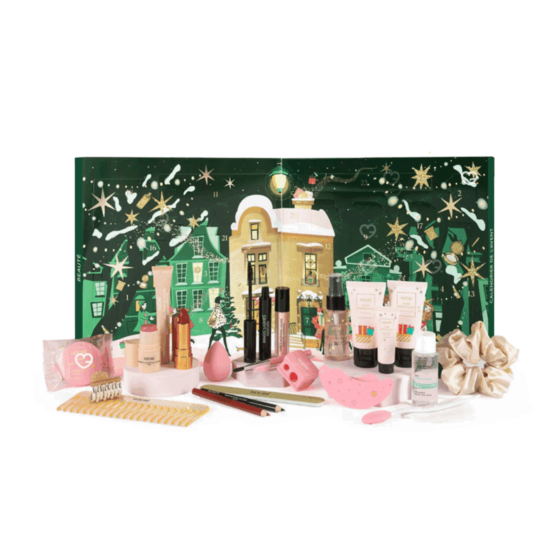 calendrier de l'avent Nocibe 2025 coffret vert avec produits de beauté et accessoires bien etre pour femme