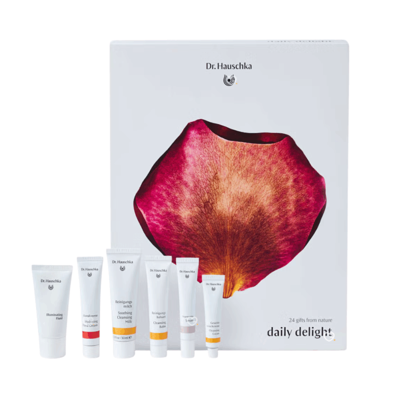 Calendrier de l’Avent Dr. Hauschka 2025 avec 24 soins bio visage, corps et maquillage, idéal pour femmes recherchant bien-être et beauté naturelle.