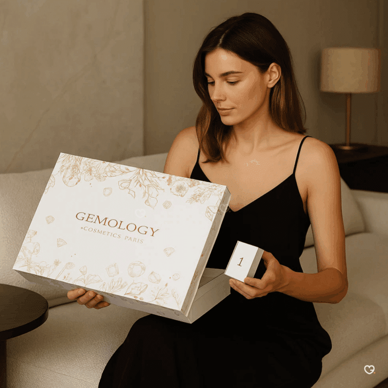 Calendrier de l’Avent Gemology 2025 contenant 24 soins beauté visage et corps en coffret luxe, idéal pour femme raffinée.