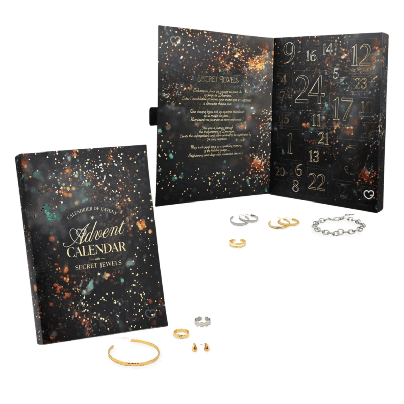 Calendrier de l’Avent Mes Bijoux 2025 contenant 24 bijoux élégants : bracelets, bagues, boucles d’oreilles et colliers pour femme