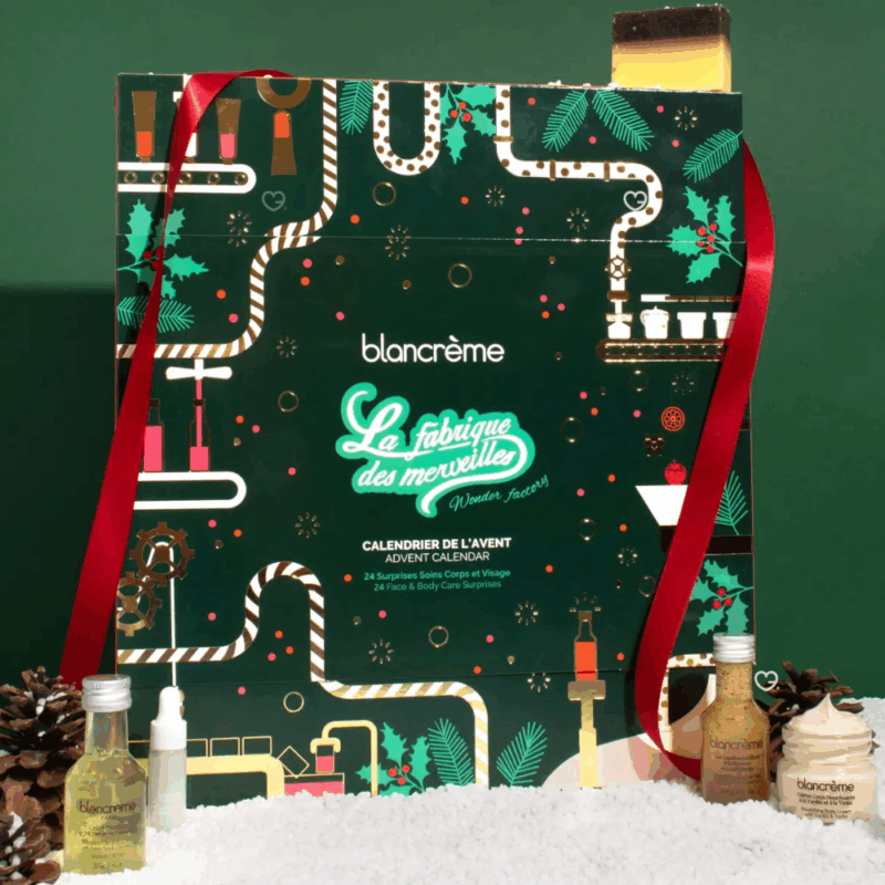 Calendrier de l’Avent Blancrème 2025 renfermant 24 soins visage et corps aux textures gourmandes et senteurs fruitées, idéal cadeau beauté pour femme.