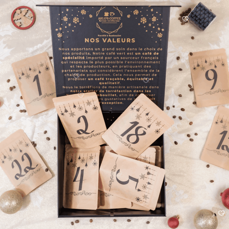 Calendrier de l’Avent Café Artisanal 2025 Arlo's Coffee avec 24 sachets de cafés 100 % Arabica torréfiés en France, idéal pour amateur de cafés.