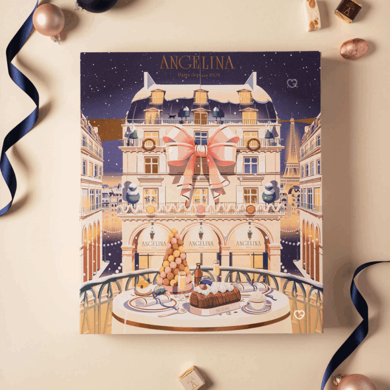 Calendrier de l’Avent Angelina 2025 raffiné, révélant 24 douceurs chocolatées et pralinées pour gourmets amoureux du luxe parisien.
