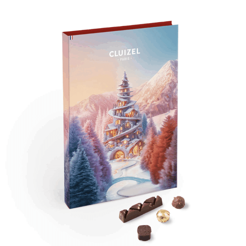 Coffret illustré « Féerie Hivernale » Calendrier de l'avent Cluizel 2025 contenant 24 délicieux chocolats fins, pralinés et ganaches pour gourmand