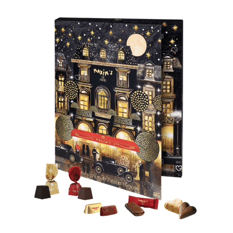Calendrier de l'Avent maxims 2025 contenant 24 chocolats noirs et au lait déclinés sous différentes formes