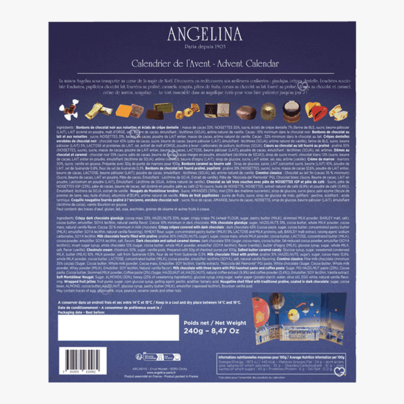 Calendrier de l’Avent Angelina 2025 raffiné, révélant 24 douceurs chocolatées et pralinées pour gourmets amoureux du luxe parisien.