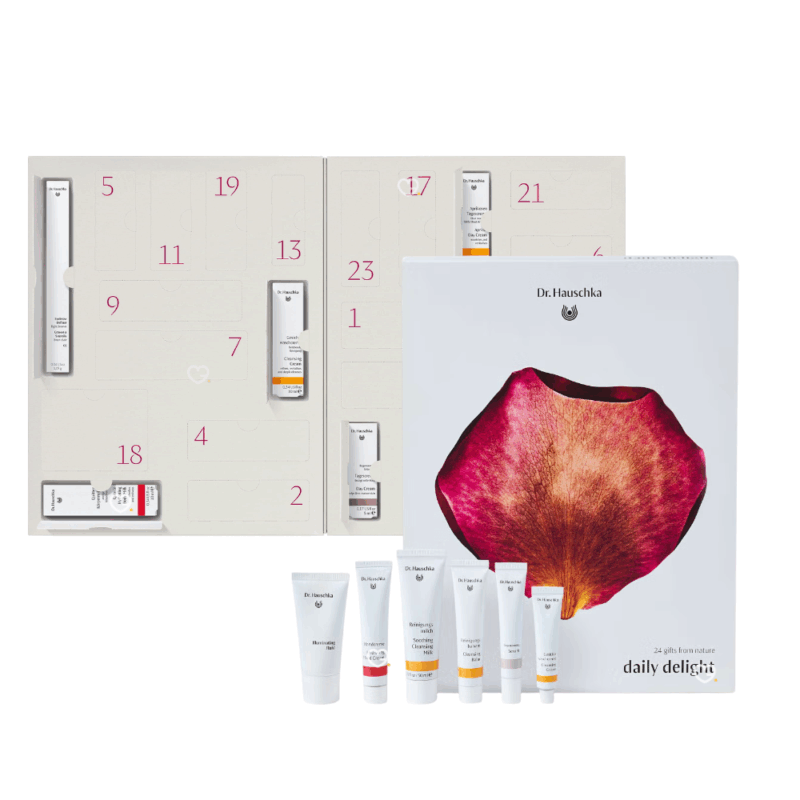 Calendrier de l’Avent Dr. Hauschka 2025 avec 24 soins bio visage, corps et maquillage, idéal pour femmes recherchant bien-être et beauté naturelle.