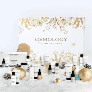 Calendrier de l’Avent Gemology 2025 contenant 24 soins beauté visage et corps en coffret luxe, idéal pour femme raffinée.