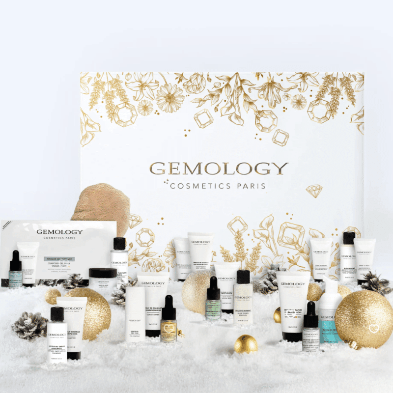 Calendrier de l’Avent Gemology 2025 contenant 24 soins beauté visage et corps en coffret luxe, idéal pour femme raffinée.