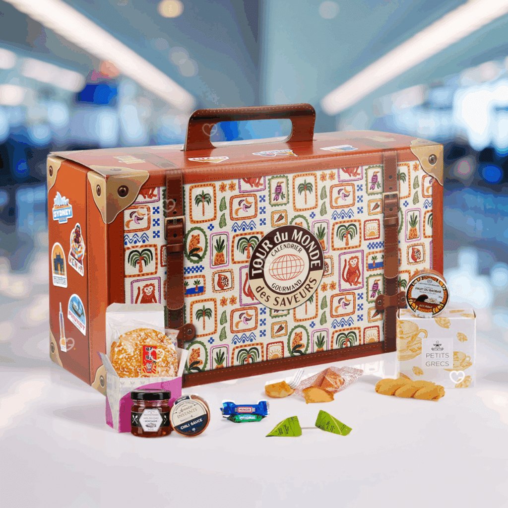 Calendrier de l’Avent Tour du Monde des Saveurs 2025 en valisette gourmande, 24 surprises sucrées et salées pour adulte, couple, femme ou homme curieux de gastronomie.
