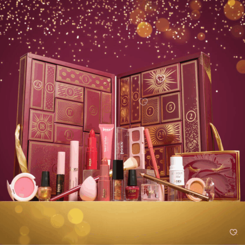 Calendrier de l’Avent Jozz 2025 mixte offrant 24 produits de maquillage et accessoires beauté, coffret pailleté The Christmas Party idéal pour femme et jeune fille aime le makeup