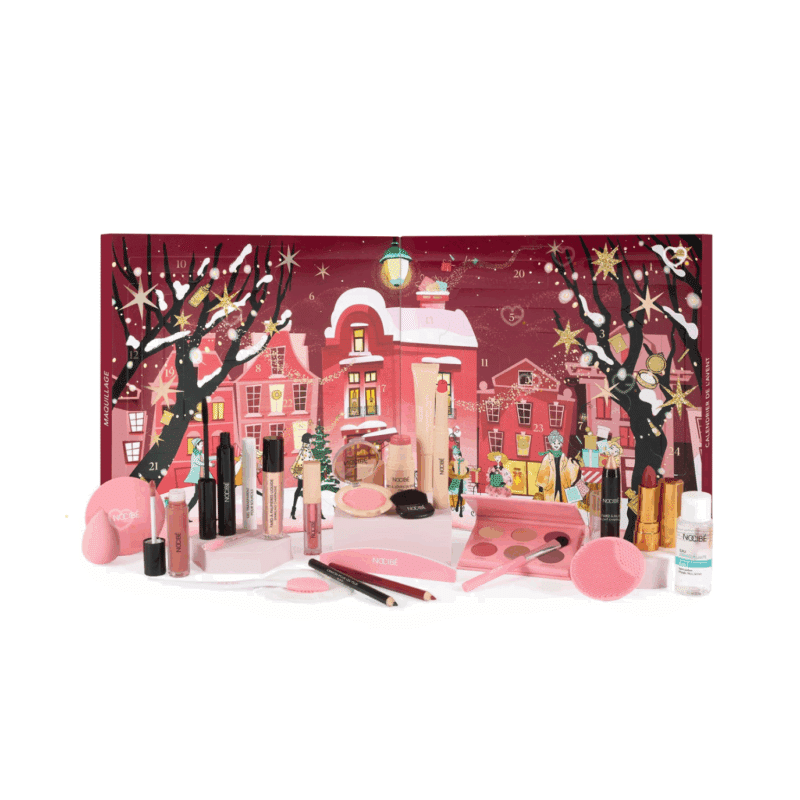 calendrier de l'avent Nocibe 2025 coffret rouge avec maquillage produits de beauté et accessoire bien etre pour femme