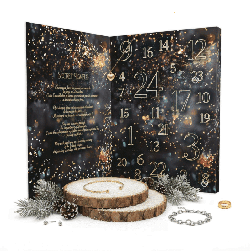 Calendrier de l’Avent Mes Bijoux 2025 contenant 24 bijoux élégants : bracelets, bagues, boucles d’oreilles et colliers pour femme