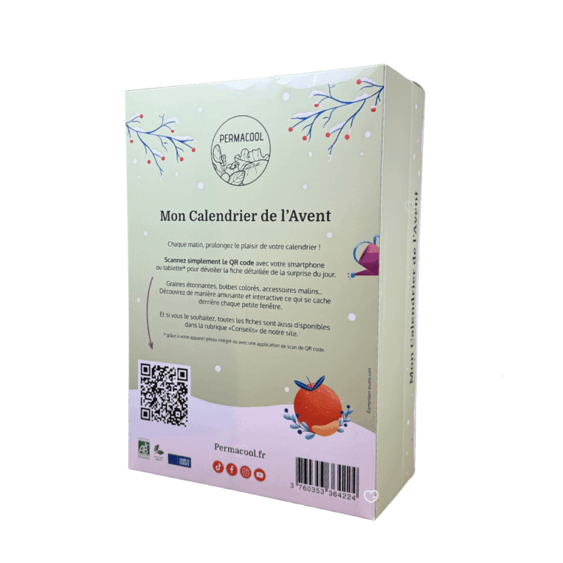 Calendrier de l’Avent Permacool 2025 avec 24 surprises de jardinage durable : graines bio, outils écoresponsables et création artisanals pour adulte femme ou homme écolo.