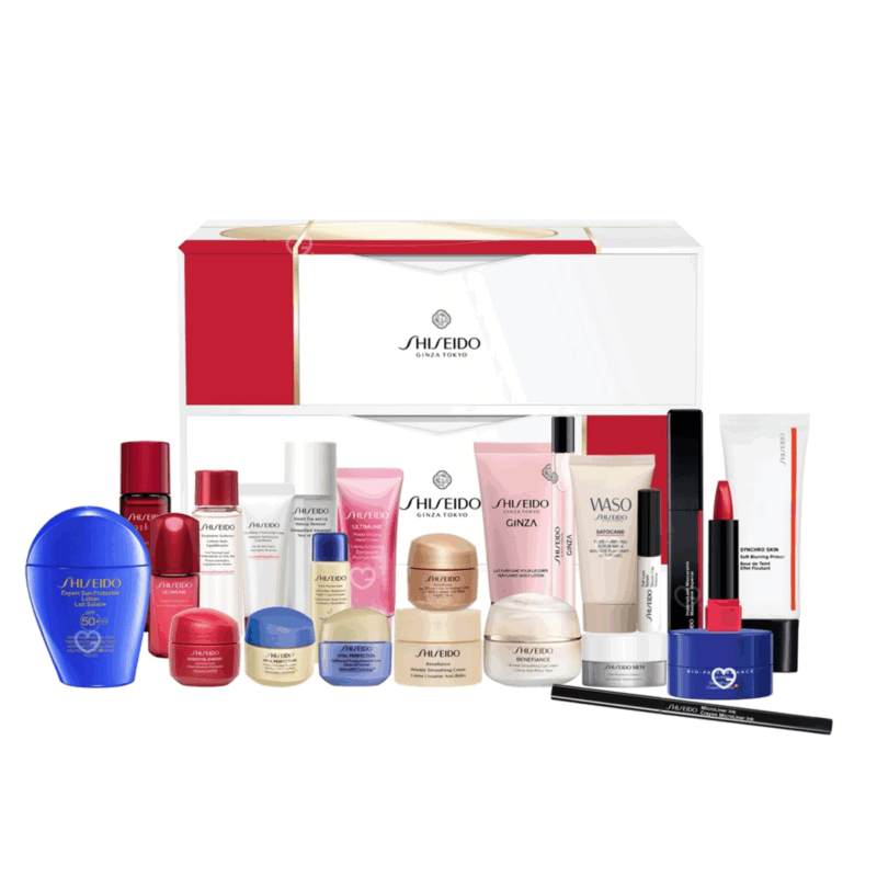 Coffret beauté blanc, rouge et or Calendrier de l'Avent Shiseido 2025 contenant 24 soins visage, corps et maquillage