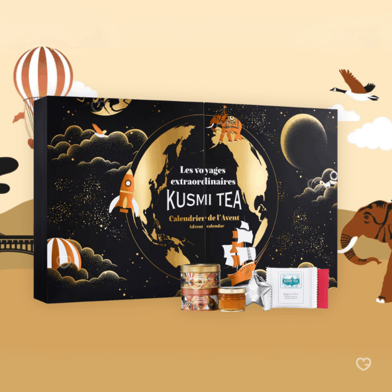Coffret noir illustré voyage Calendrier de l’Avent Kusmi Tea 2025 avec 24 thés bio variés et infusions, cadeau pour amateurs de thé premium, homme ou femme
