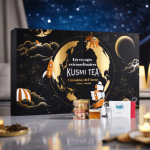 Coffret noir illustré voyage Calendrier de l’Avent Kusmi Tea 2025 avec 24 thés bio variés et infusions, cadeau pour amateurs de thé premium, homme ou femme