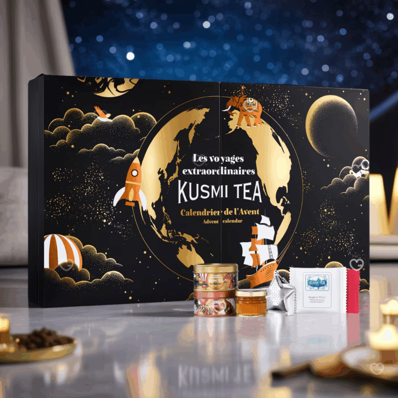 Coffret noir illustré voyage Calendrier de l’Avent Kusmi Tea 2025 avec 24 thés bio variés et infusions, cadeau pour amateurs de thé premium, homme ou femme