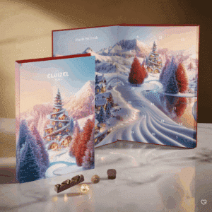 Coffret illustré « Féerie Hivernale » Calendrier de l'avent Cluizel 2025 contenant 24 délicieux chocolats fins, pralinés et ganaches pour gourmand