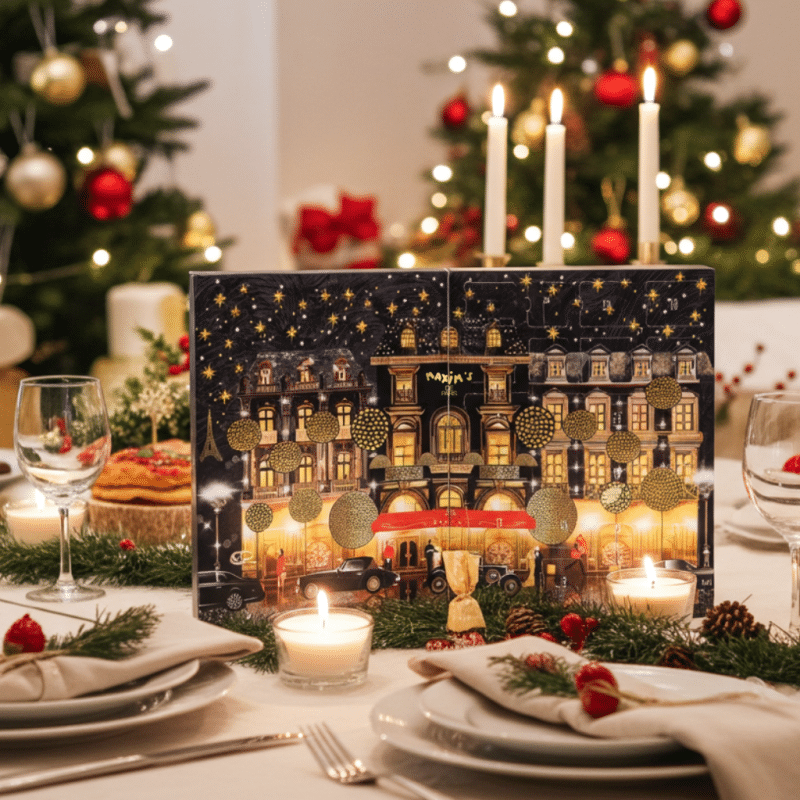 Calendrier de l'Avent maxims 2025 contenant 24 chocolats noirs et au lait déclinés sous différentes formes