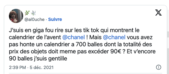 twitte sur le calendrier de 'lavent chanel scandale