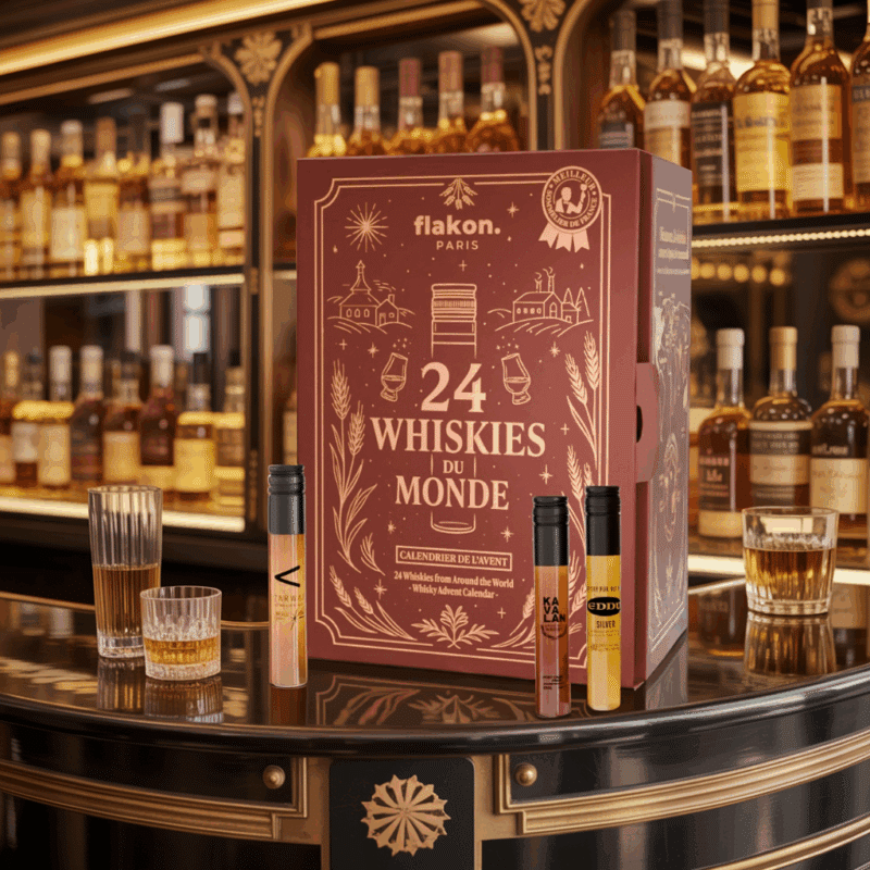 Calendrier de l’Avent whisky Flakon 2025 avec 24 whiskies d’exception, verres, carnet et kit de dégustation pour amateurs exigeants en spiritueux