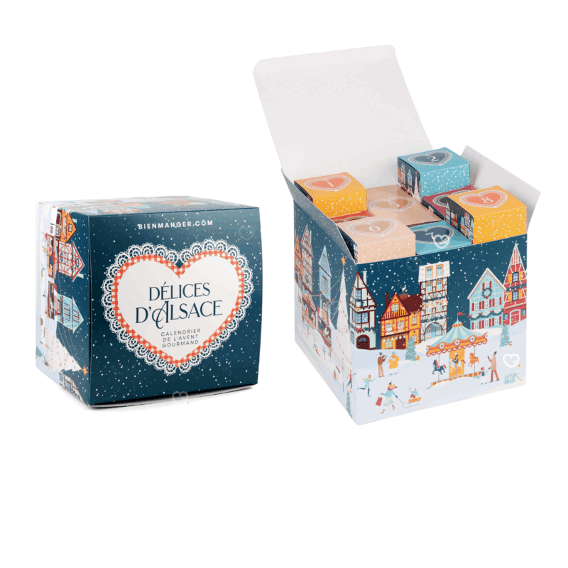 Calendrier de l’Avent Délices d'Alsace 2025 avec 24 spécialités sucrées et salées alsaciennes, idéal pour familles et gourmand curieux.