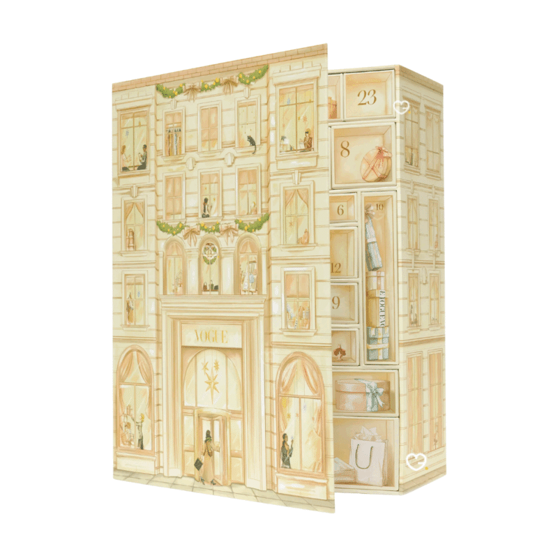Calendrier de l’Avent Vogue 2025 luxe avec 32 surprises beauté et wellness, soins, maquillage, parfums et accessoires pour femmes et hommes tendance.