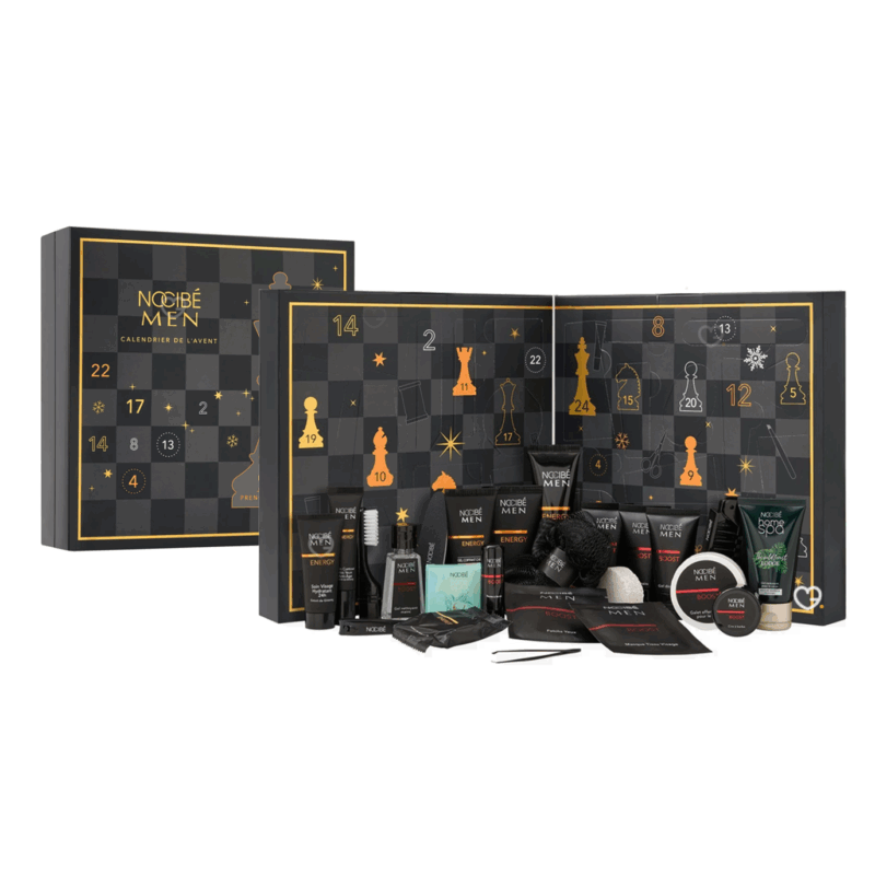 Calendrier de l’Avent Nocibé Homme 2025 avec 24 soins visage, corps et accessoires beauté, cadeau idéal pour beauté homme.