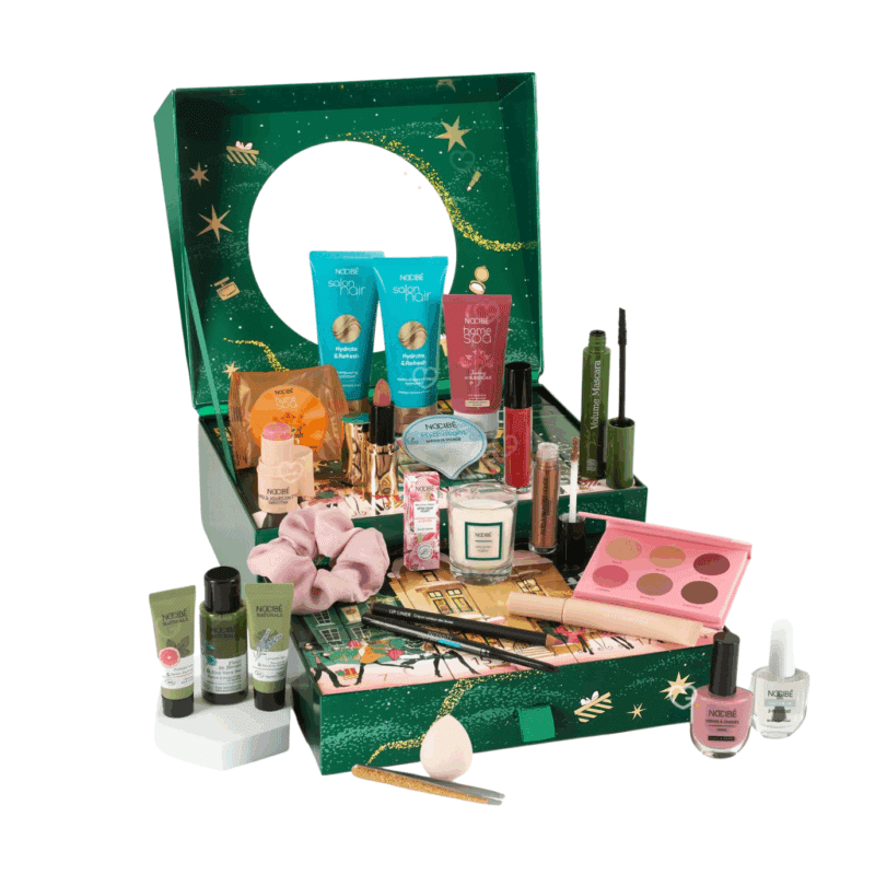 Calendrier de l’Avent Nocibe Prestige 2025 avec 25 produits beauté exclusifs, maquillage, soins haut de gamme, spa et bougie parfumée pour femme.
