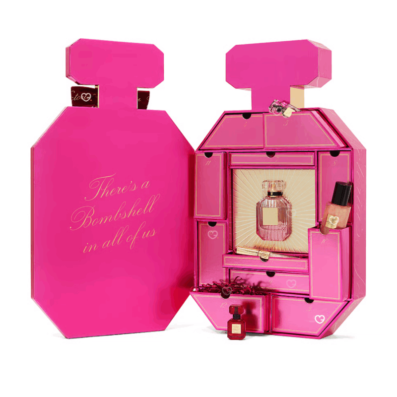 coffret luxe rose forme flacon parfum calendrier de l'avent Victoria Secret 2025 contenant 12 produits de beauté soins parfum de la collection Bombshell