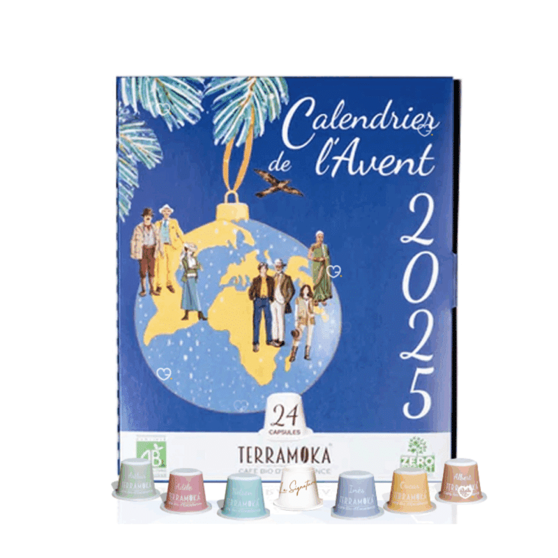 Calendrier de l’Avent Cafés Bio Terramoka 2025 contenant 24 capsules compostables Nespresso, saveurs variées pour amateur de café.