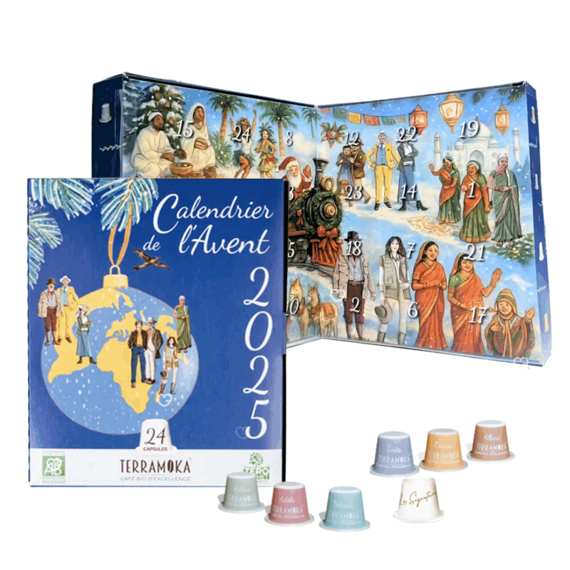 Calendrier de l’Avent Cafés Bio Terramoka 2025 contenant 24 capsules compostables Nespresso, saveurs variées pour amateur de café.