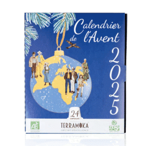 Calendrier de l’Avent Cafés Bio Terramoka 2025 contenant 24 capsules compostables Nespresso, saveurs variées pour amateur de café.