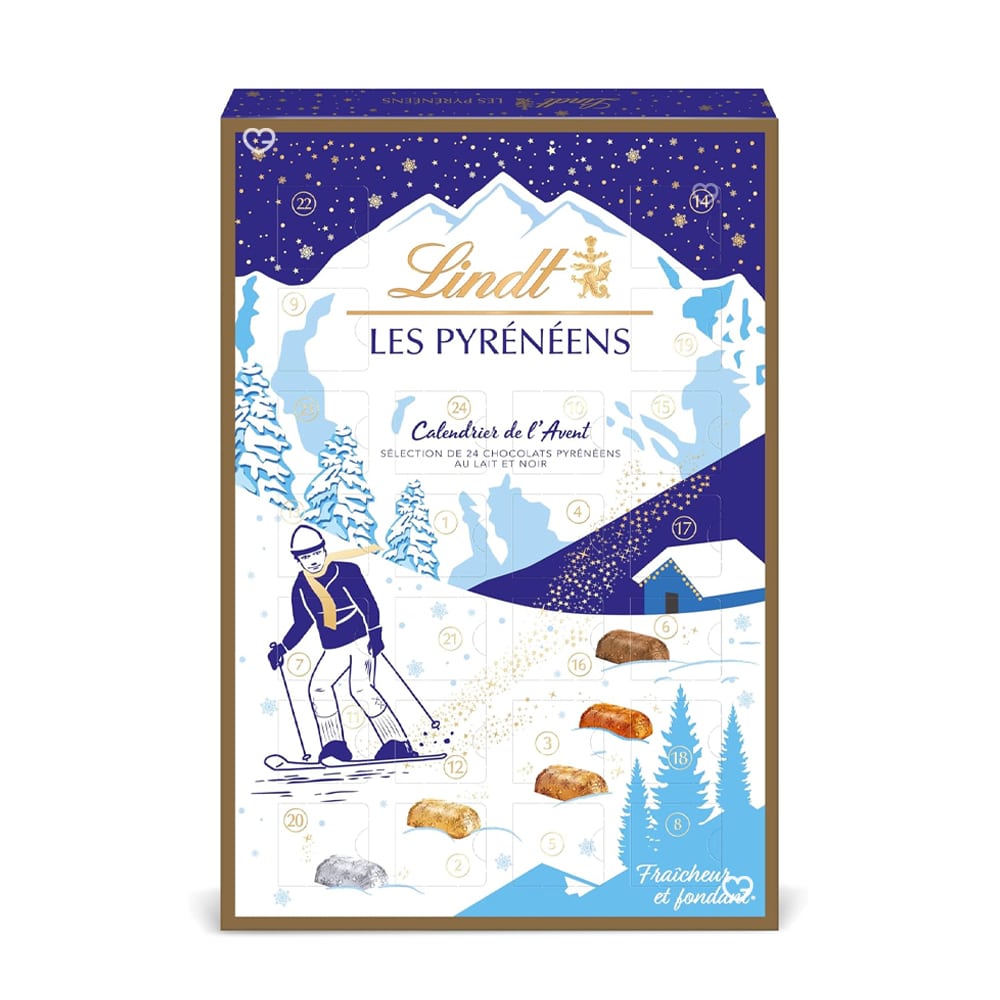 Calendrier de l'avent Les Pyréréens 2024 contenant 24 chocolats Recette Lindt au lait, noir, caramel..