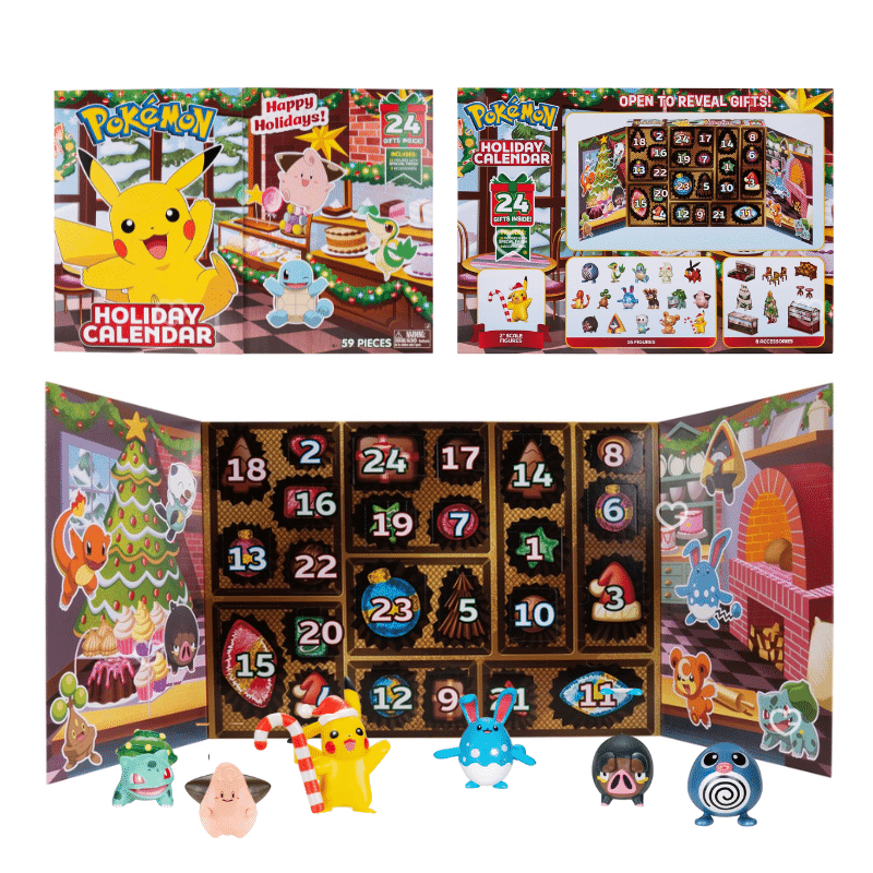 Calendrier de l’Avent Pokemon Happy Holidays 2025 avec 24 figurines et accessoires festifs, cadeau idéal pour enfants et collectionneurs.