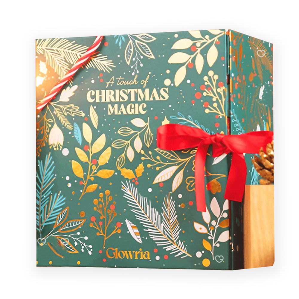 coffret beauté vert avec noeud calendrier de l'avent Glowria 2024 avec 25 produits de soins beauté visage corps et maquillage
