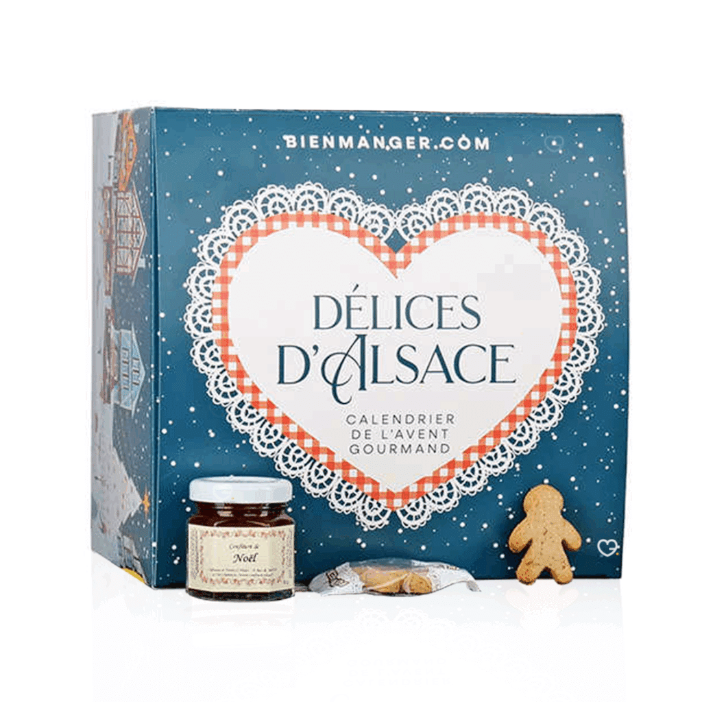 Calendrier de l’Avent Délices d'Alsace 2025 avec 24 spécialités sucrées et salées alsaciennes, idéal pour familles et gourmand curieux.