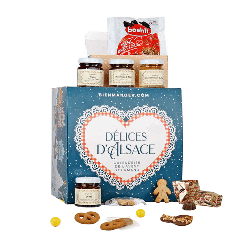 Calendrier de l’Avent Délices d'Alsace 2025 avec 24 spécialités sucrées et salées alsaciennes, idéal pour familles et gourmand curieux.
