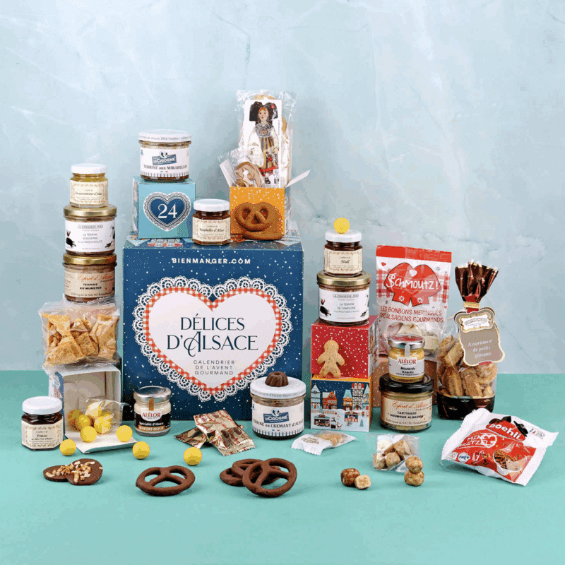 Calendrier de l’Avent Délices d'Alsace 2025 avec 24 spécialités sucrées et salées alsaciennes, idéal pour familles et gourmand curieux.