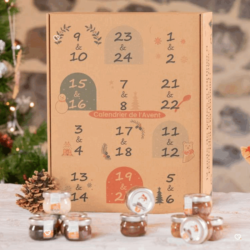 coffret gourmand calendrier de l'avent pate a tartiner artisanale 2025 contenant 24 recettes chocolat; rocher; speculos; caramel..