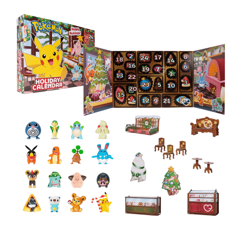 Calendrier de l’Avent Pokemon Happy Holidays 2025 avec 24 figurines et accessoires festifs, cadeau idéal pour enfants et collectionneurs.