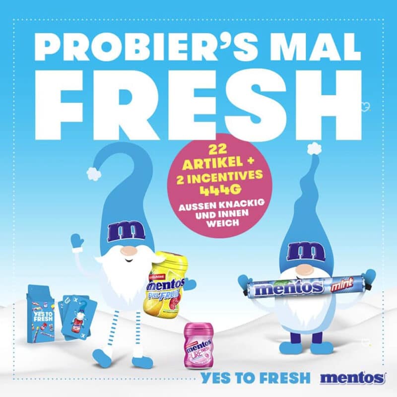 calendrier de l'avent mentos 2024 contenant 24 friandises Mentos avec des dragées à mâcher et des chewing-gums aux différents parfums