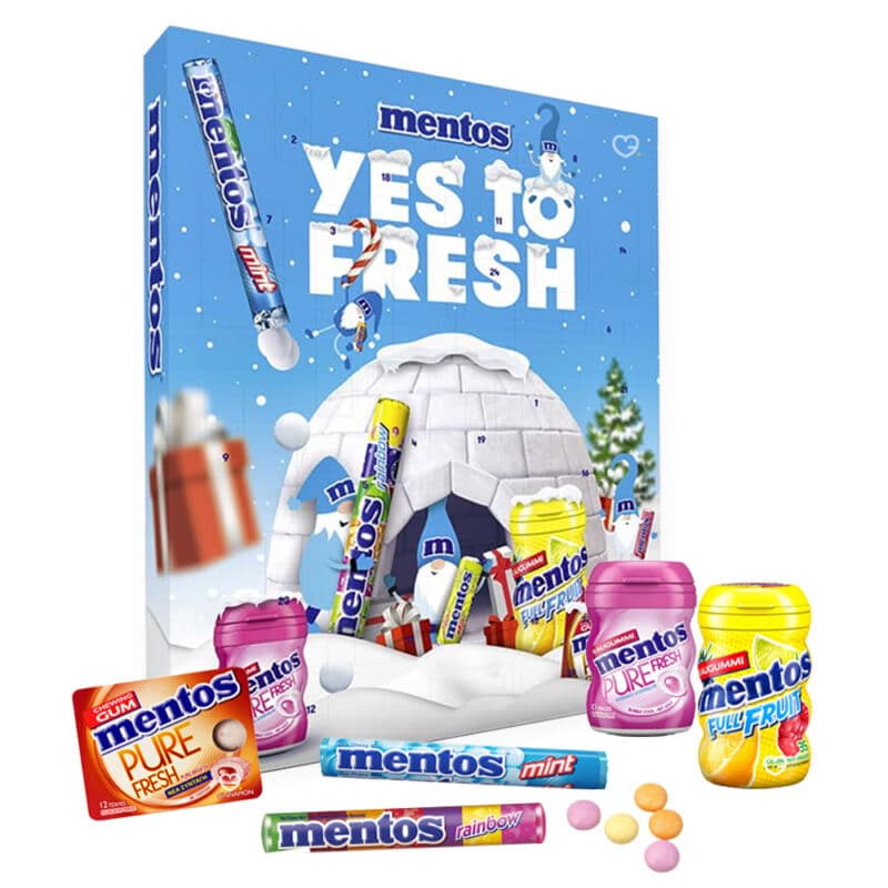 calendrier de l'avent mentos 2024 contenant 24 friandises Mentos avec des dragées à mâcher et des chewing-gums aux différents parfums