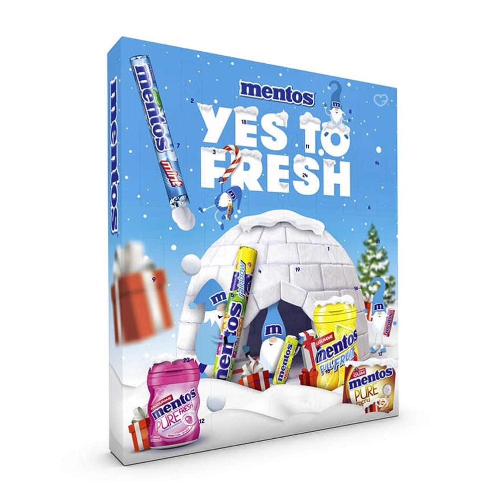 calendrier de l'avent mentos 2024 contenant 24 friandises Mentos avec des dragées à mâcher et des chewing-gums aux différents parfums