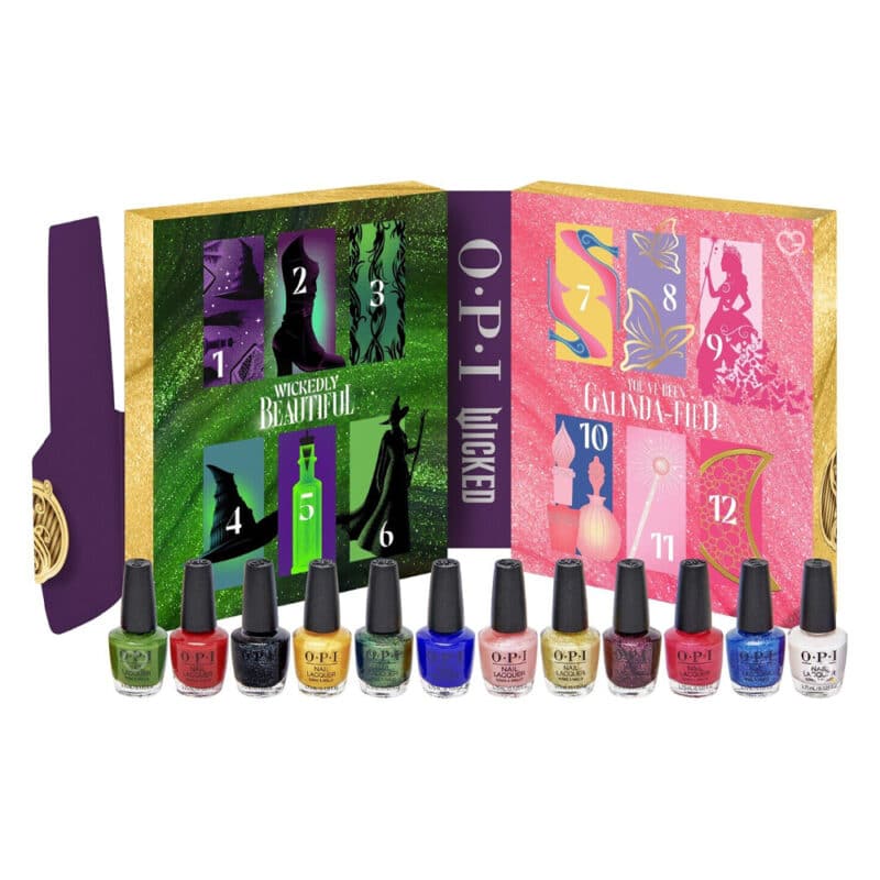 calendrier de l'avent OPI Wicked 2024 contenant 12 vernis aux nuances différentes en rapport avec le film
