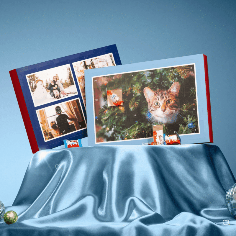 Calendrier de l'avent photo cheerz 2025 avec des photos personnalisées et du chocolat kinder et ferrero