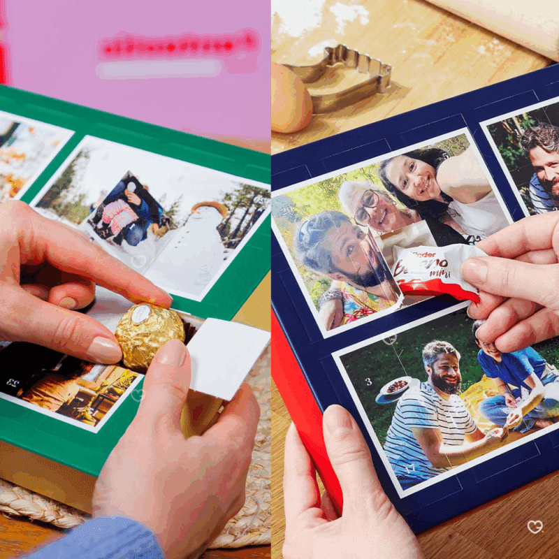 Calendrier de l'avent photo cheerz 2025 avec des photos personnalisées et du chocolat kinder et ferrero