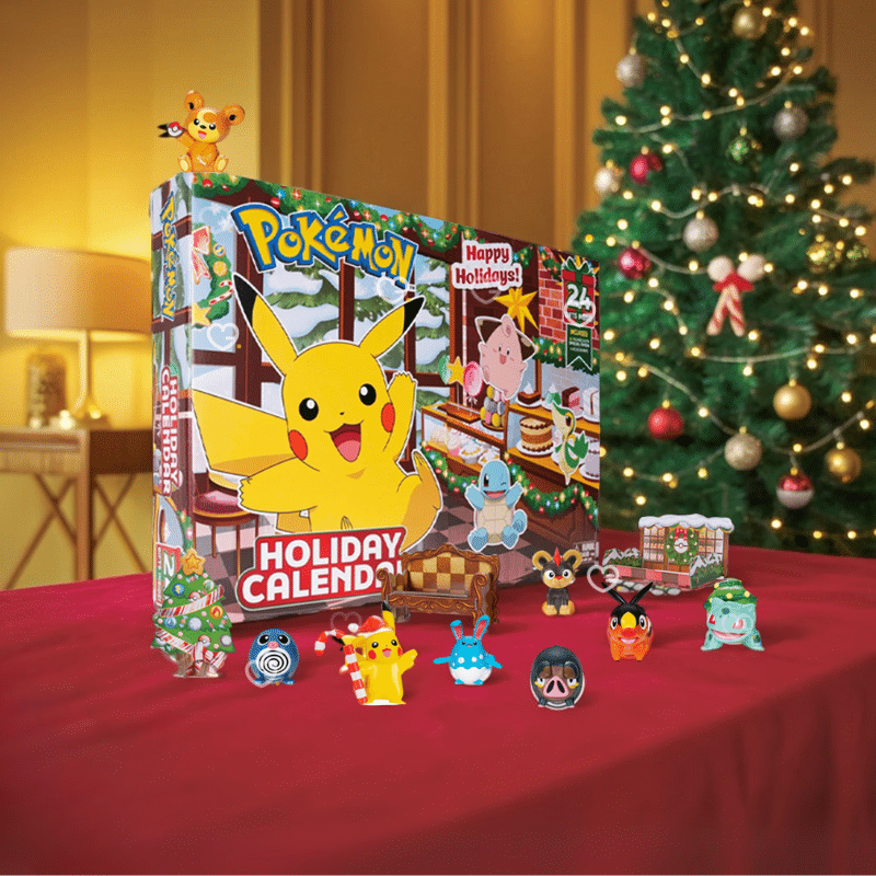 Calendrier de l’Avent Pokemon Happy Holidays 2025 avec 24 figurines et accessoires festifs, cadeau idéal pour enfants et collectionneurs.